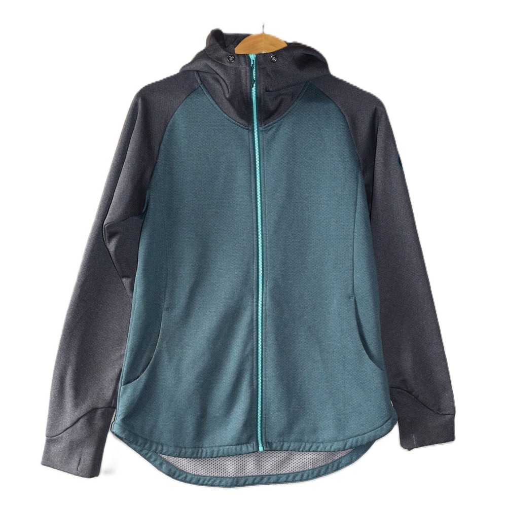 Flylow Gear Full Zip Hoodie Womens Medium Teal Gray Scuba Hood Thumbholes 6700